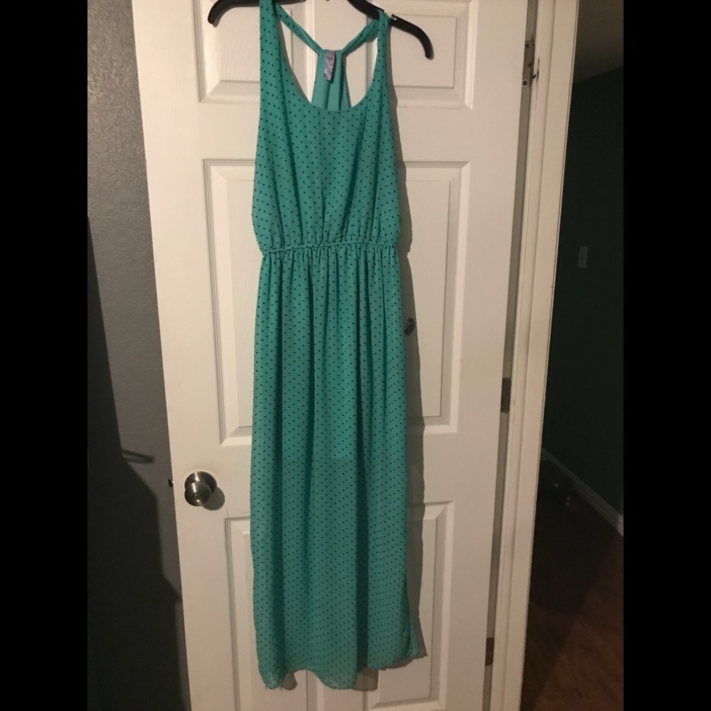 teal polka dot maxi dress.  Shear bottom